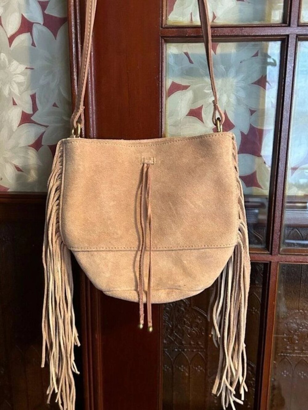 Raven + Lily Suede Leather Peach Blush Cross Body Bag with Fringe Tassels